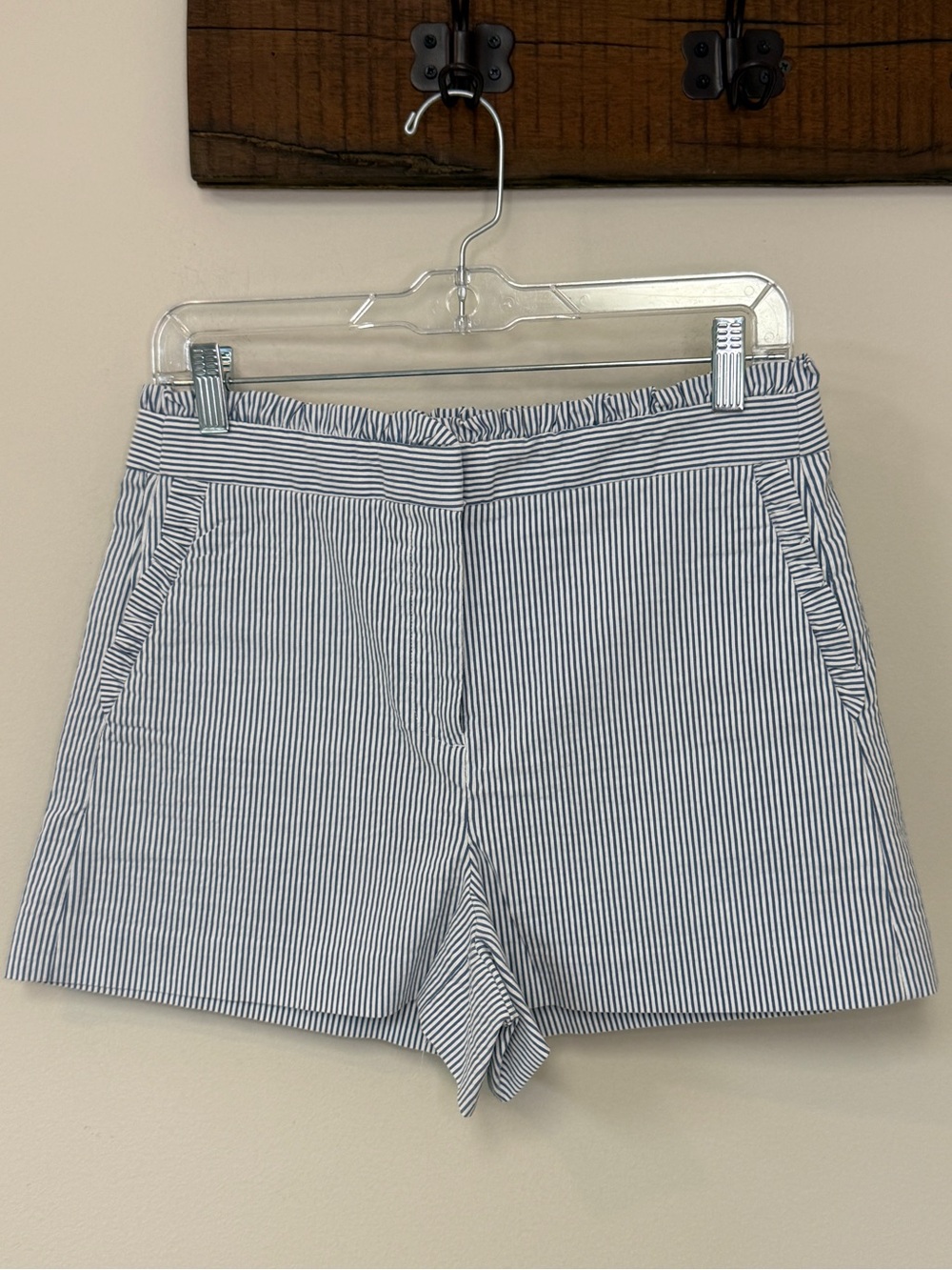 J. Crew: Women's Blue / White Seersucker Striped Ruffle Shorts, Size 8